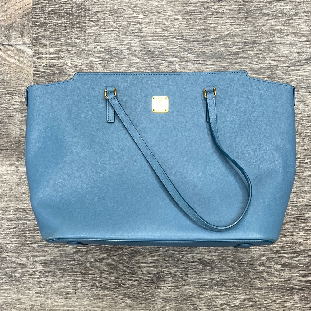 MCM Designer Blue Leather Tote Bag with Pocket Book Slip Chain